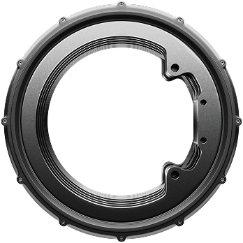 360_Hypercar.0000 A circular metallic object with a rim-like design, featuring several screws and a smooth, sleek appearance. The center is open, resembling a gear or mechanical component. The background is black.
