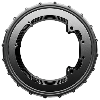 360_Hypercar.0000 A circular, metallic parking brake rotor with a industrial look. The black and silver finish is sleek, with precise ridges and bolt holes evenly spaced along the edge.
