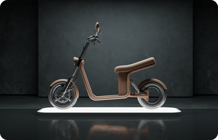 A sleek, brown electric scooter with a minimalist design is displayed on a lit platform in a dimly lit room with a dark grey background.
