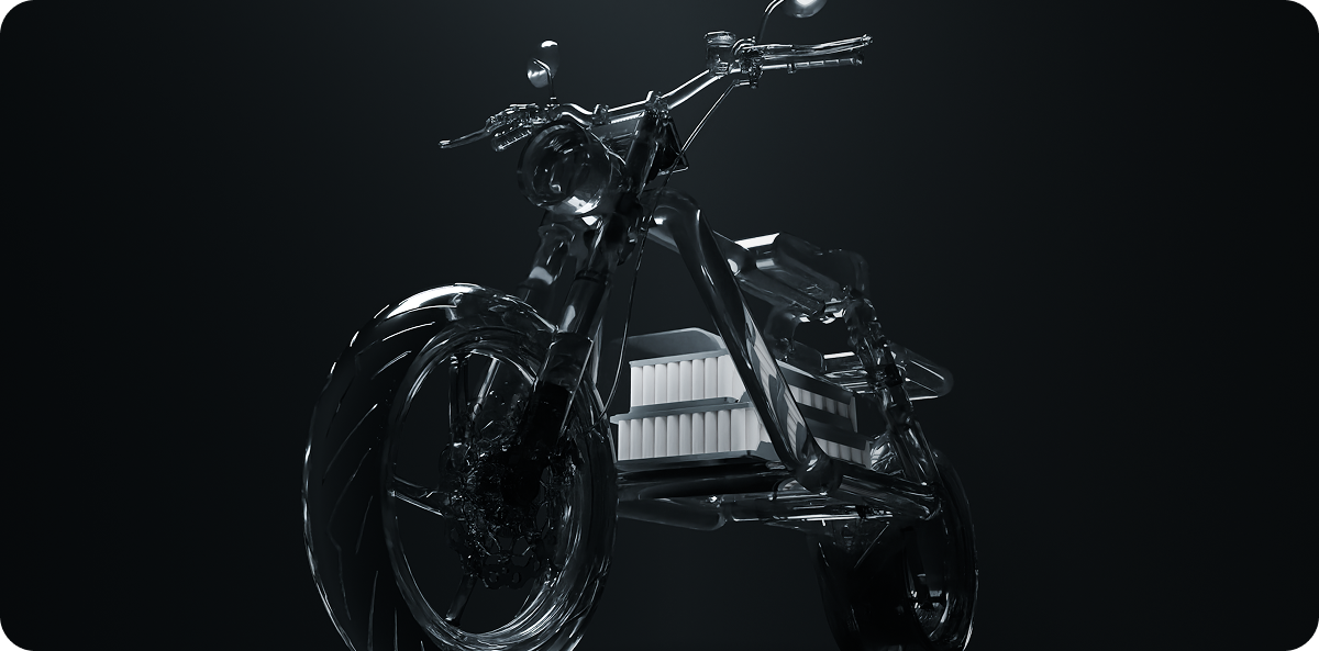 A transparent glass motorcycle displayed on a dark background. The motorcycle showcases intricate detailing with visible internal components, emphasizing a modern and sleek design.