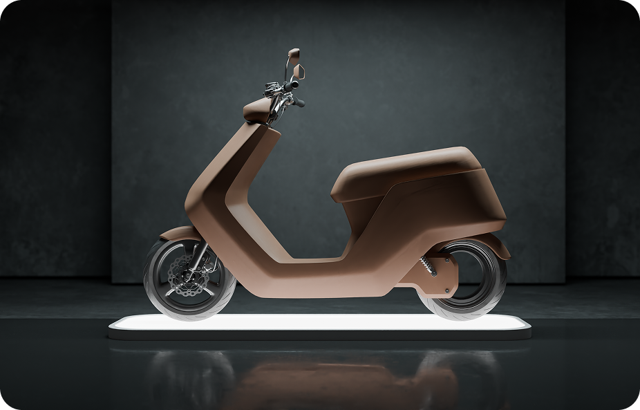 A sleek, modern electric scooter with a minimalist design is displayed on a lit platform in a dimly lit room. The scooter features a matte brown finish, smooth curves, and shiny silver wheels, creating a futuristic aesthetic.