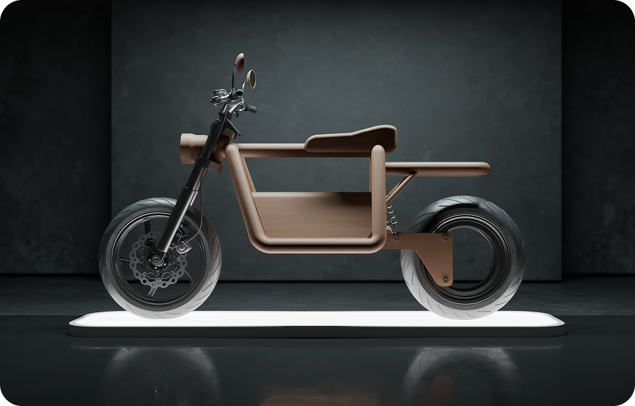 A sleek, modern electric bike with a minimalist wooden frame is displayed on an illuminated platform against a dark background. The bike features large tires and a simple, clean design.