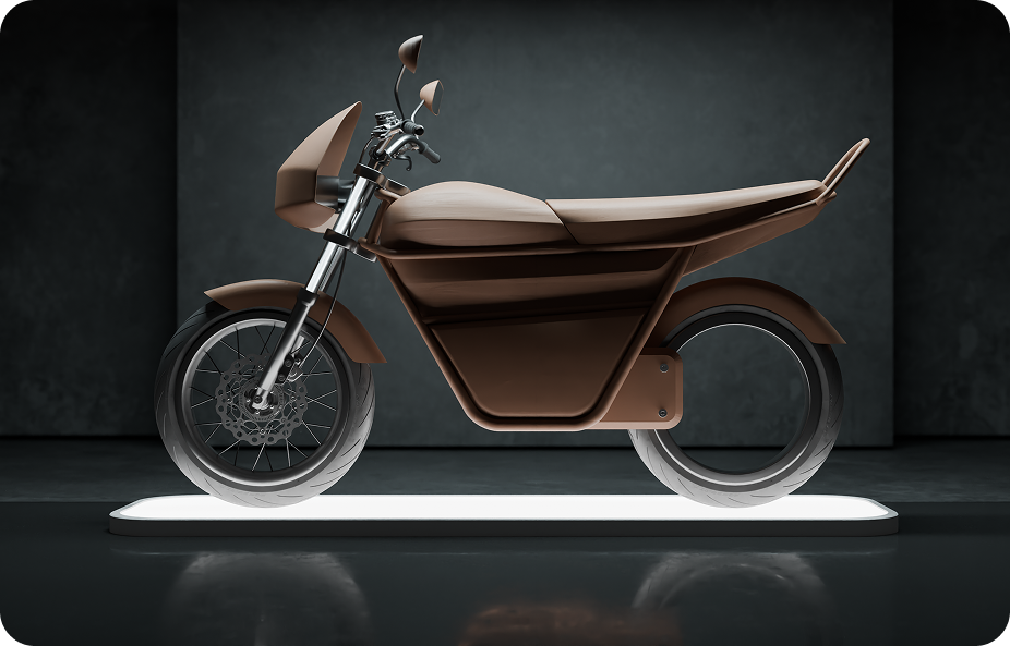 A sleek, modern electric motorcycle with a futuristic design is displayed on a lit platform. The bike has a streamlined shape and minimalist appearance, set against a dark, industrial background.
