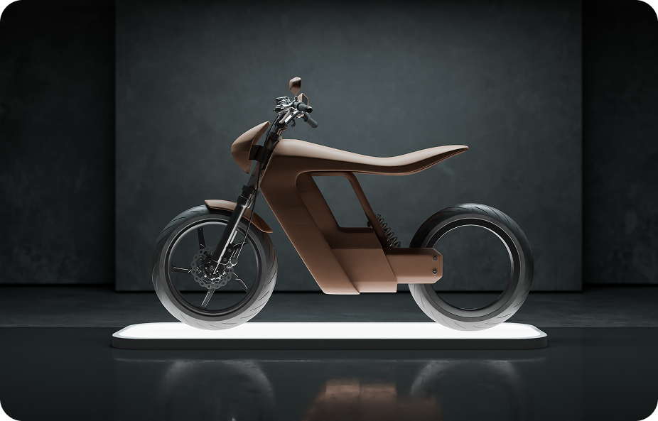 A sleek, futuristic motorcycle with a minimalist design displayed on a white platform. The bike features a matte brown finish, large tires, and an exposed frame against a dark, textured background.