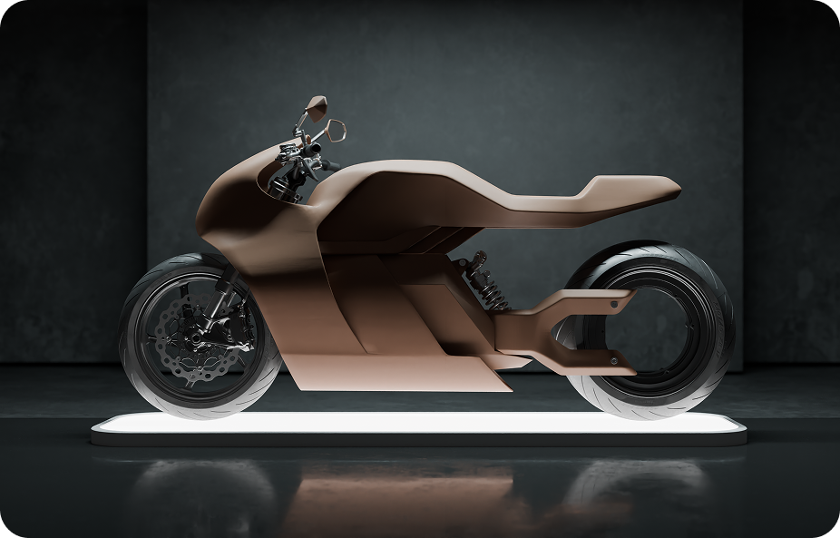 A sleek, modern motorcycle in a dark setting, showcased on a glowing platform. The design is minimalist with aerodynamic curves and an absence of visible handlebars. The background is a textured, dark gray wall.