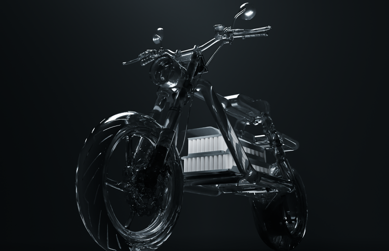 A futuristic, transparent motorcycle with detailed visible gears and components, set against a dark background. The design highlights the inner structure, emphasizing the innovative and modern aspects of the vehicle.