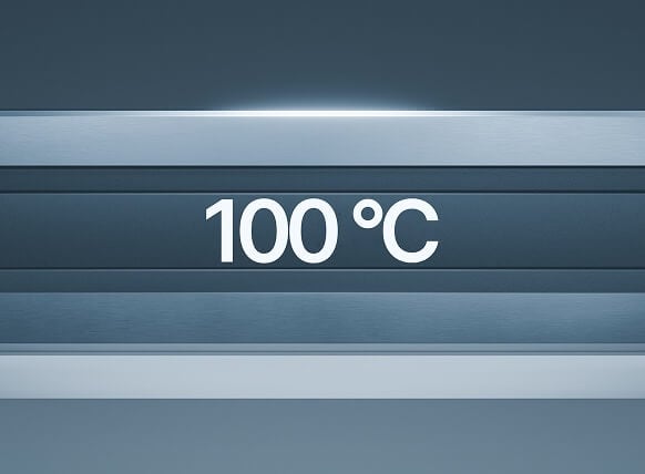 A digital display shows the temperature "100 °C" in white text on a gray metallic background.